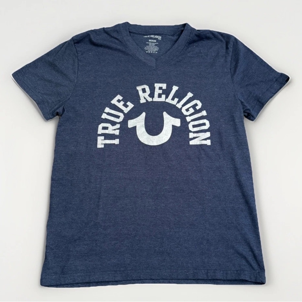 True Religion Shirt Mens Medium Blue Graphic Logo Short Sleeve Casual Tee